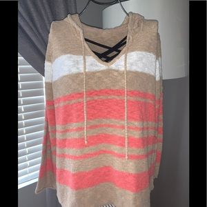 Stripe pull over hooded sweater Tan, Coral & white